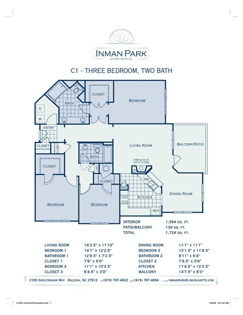 Floor plan for 3 beds, 2 baths, 1594 sqft